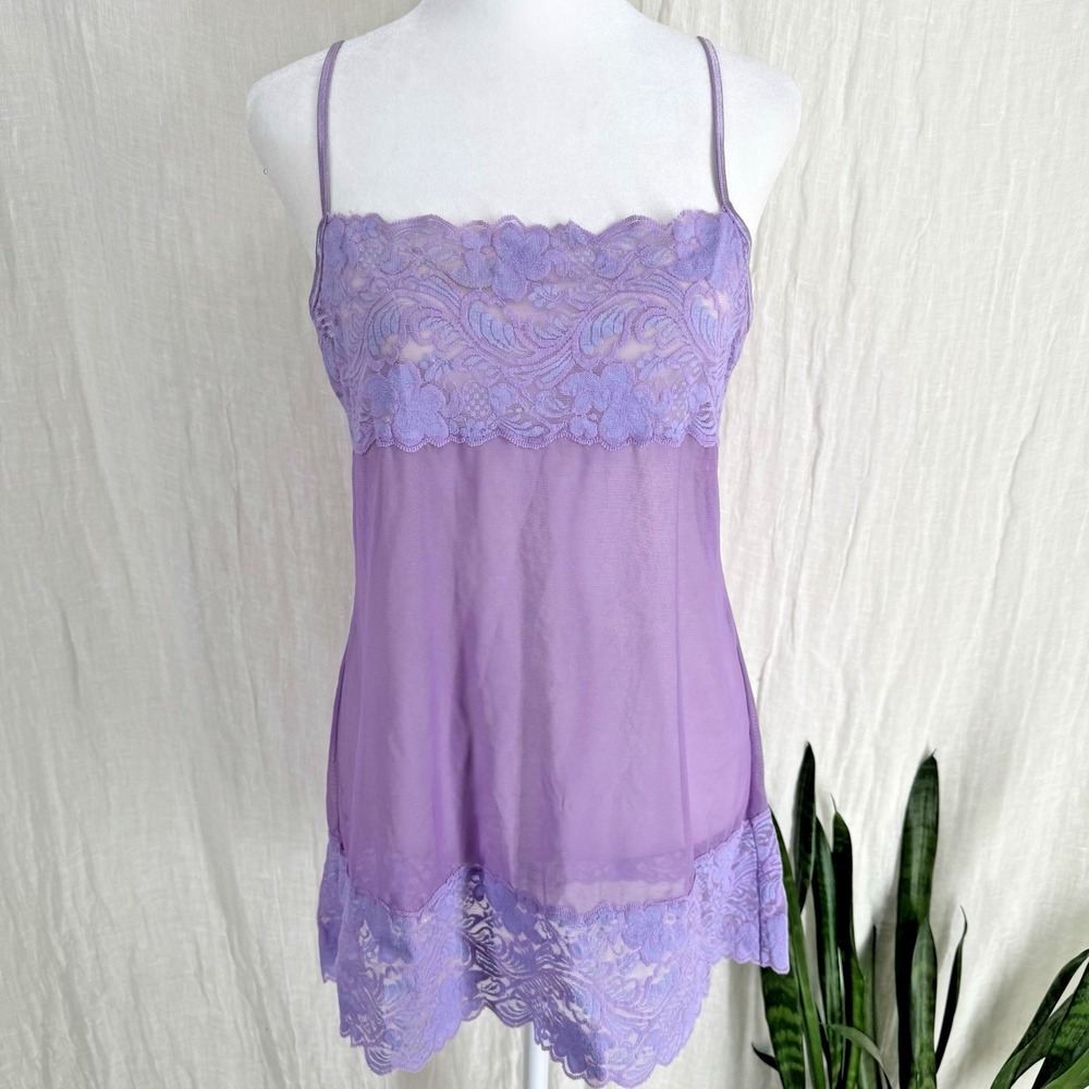 Purple Y2K Sheer Mesh Slip Mini Dress S Coquette Fairy Babydoll Lace Trim Cami